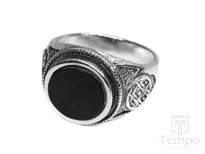 Мужской серебряный перстень с гематитом и православной молитвой на заказ