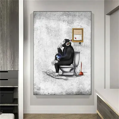 Gorilla с наушниками сидящий на унитазе Холст Картина Смешные животные  Бэнкси на стену художественные картины для ванной домашний Декор без рамки  | AliExpress