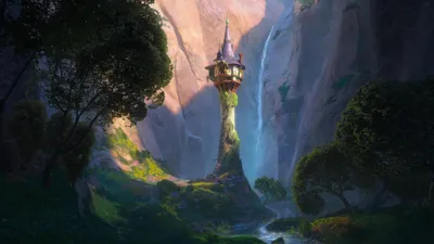 Обои принцесса рапунцель, долина, запутанная история, цветы, замок, шпиль,  башня, деревья, горы на рабочий стол