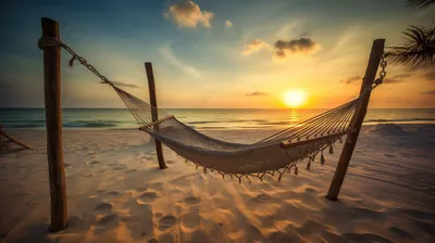 гамак на пляже на фоне заката, расслабляющие пляжные картинки, пляж,  расслабляться фон картинки и Фото для бесплатной загрузки