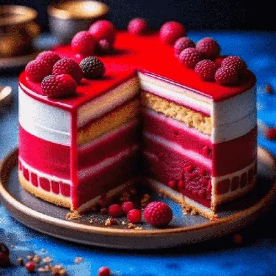 Муссовый торт Эклипс с покрытием гляссаж белого цвета, малиной и цветами