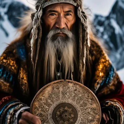 Дедушка шаман с бубном на ледяной …» — создано в Шедевруме
