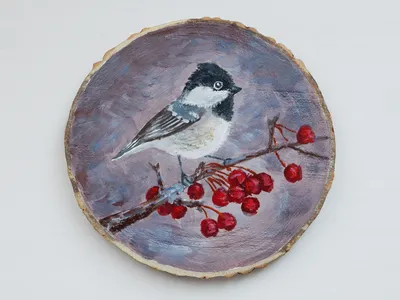 Лесная птичка хохлатая синица на ветке с красными ягодами. Акварельная  иллюстрация. Формат А4. в магазине «ArtWayNatlee» на Ламбада-маркете