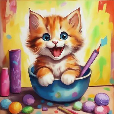 Детский рисунок веселый котенок …» — создано в Шедевруме
