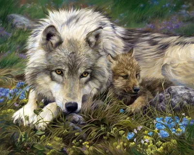 Белая волчица с волчатами спит в …» — создано в Шедевруме