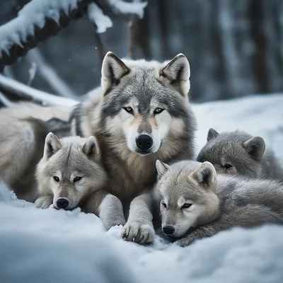 Волчица и волчата лежат на белом …» — создано в Шедевруме