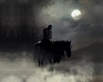 Фото Всадник на коне в густом тумане в полнолуние
