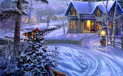 Обои на рабочий стол Дома и церковь зимой накануне Рождества. Лиса возле  елки, обои для рабочего стола, скачать обои, обои бесплатно